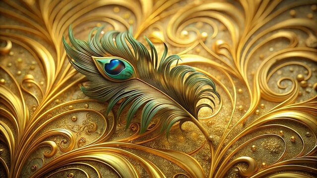 Peacock Feather on Ornate Gold, Luxury Nature Background Stock Photo