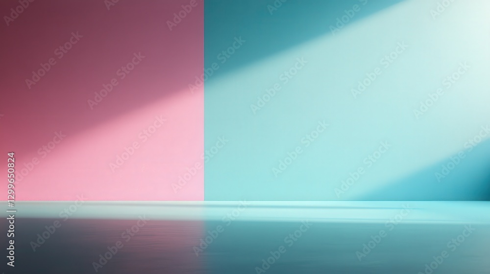Poster bright colorful abstract background with pink and blue walls and soft light reflection on smooth flo