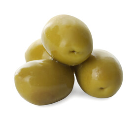 Delicious marinated green olives isolated on white