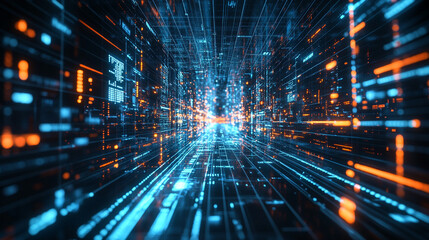 Abstract digital data stream tunnel futuristic technology background web code blue dark grid cyber