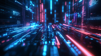 Fototapeta premium Abstract digital technology background with neon blue and pink lines data code light speed future