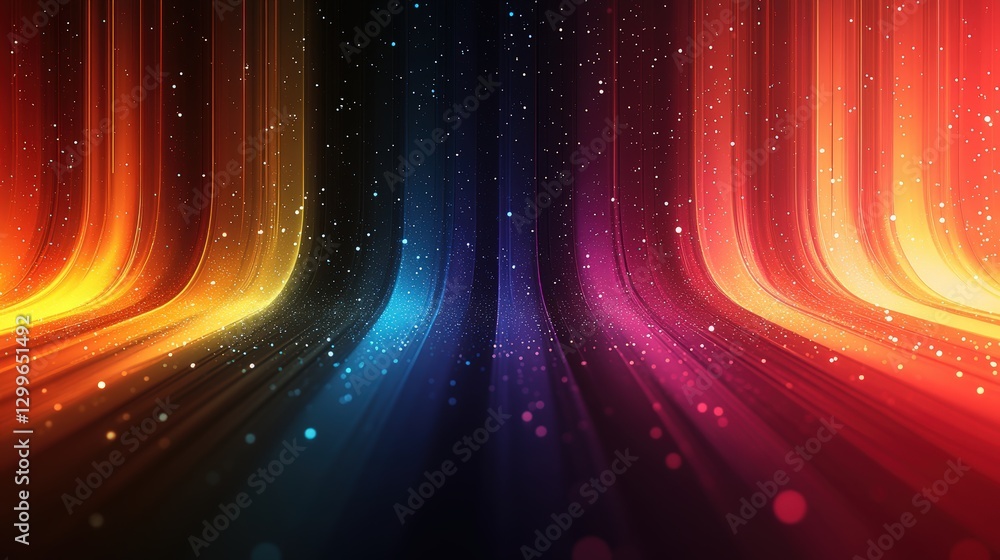 Poster vibrant light waves on black background with colorful gradients and sparkles creating an abstract di