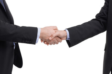 Businessmen shaking hands on white background, closeup