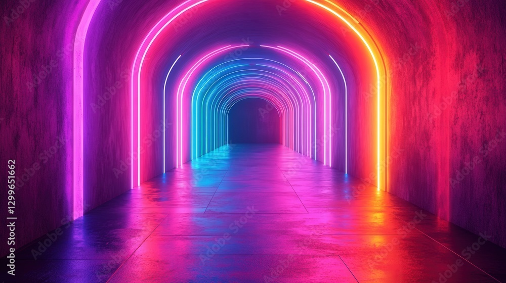 Poster neon-lit tunnel with colorful glowing arches and reflections on wet floor creating a vibrant and sur