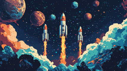 Three rockets launching into space pixel art stunning colorful cosmic scene fire game stars vapor