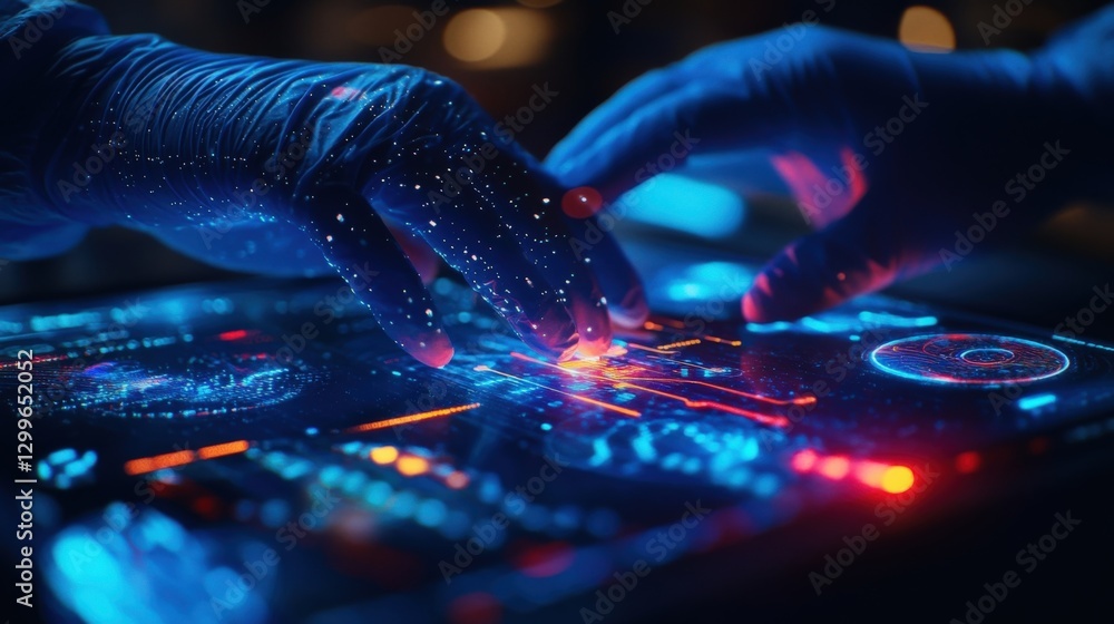 Poster gloved hands interacting with a futuristic touchscreen interface, analyzing complex data visualized 