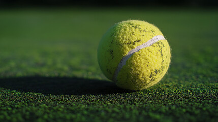 Used tennis ball on green court grass close up shot fun game worn play dirty match relax sports