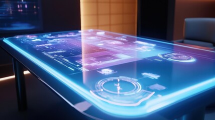 A futuristic meeting room with a glass table embedded with an interactive interface allowing participants to summon holographic models of their projects while smart sensors adjust the