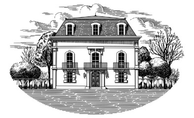 Italian or French villa from riviera. Mediterranean landscape for wine label with vineyards and cypress tree. Old building drawing in traditional pen and ink engraved style. South houses for bottle