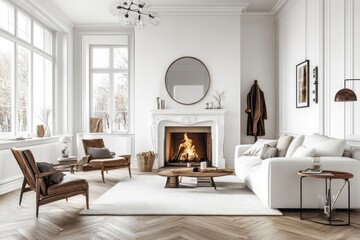 Obraz premium Cozy living room with fireplace, white sofa, and armchairs.
