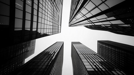 Fototapeta premium Modern city architecture black and white skyscrapers urban lines glass steel design shapes windows