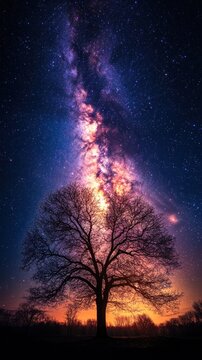 Fototapeta Milky Way over tree, night sky, field, landscape, astrophotography