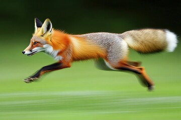 Fototapeta premium High-Speed Capture of a Fox Mid Pounce Gracefully in the Air