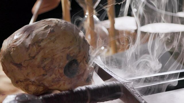 medieval scene with smoke coming down a skull on a sword