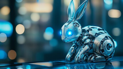 A sleek, robotic rabbit with blue glowing eyes sits against a blurred bokeh background, showcasing intricate metal detailing and a futuristic design