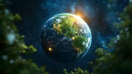Obraz premium Earth at Night, Framed by Trees in Space