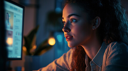 Naklejka premium Young woman focused on computer screen at night working late girl home desk dark blue adult light