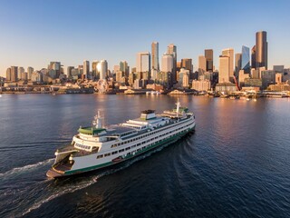 Ferry Wenatchee navigating Puget Sound, Seattle skyline in background. Beautiful morning light....