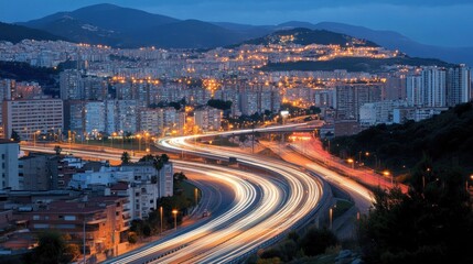 Obraz premium Night Cityscape: Highway Lights and City Lights