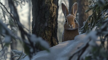 A gentle rabbit with soft fur peeking through snow-covered woods surrounded by tall, dark trees in a serene winter landscape with early morning light