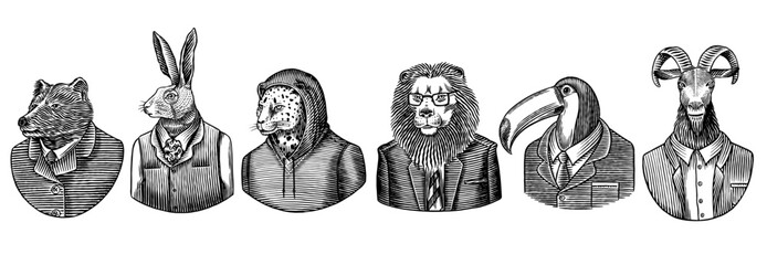 6 different animals and birds in humans clothes and suits. Lion, tuscan bird and bear next to rabbit and goat for drinks or emblems. Anthropomorphic wild animals drawing. Hand drawn sketchy old style