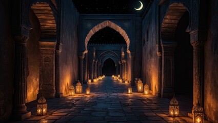 Obraz premium Magical Ramadan Night Scene with Crescent Moon, Lanterns, and Ancient Islamic Architecture.