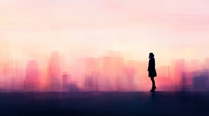 Fototapeta premium Woman sunset hues pastel cityscape background