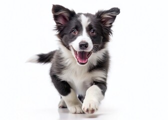 Fototapeta premium Playful Border Collie Puppy Running, Isolated White Background Stock Photo