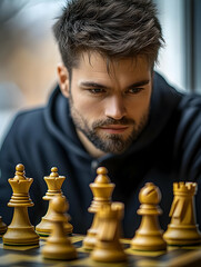 Focused Man Plays Chess in Cafe
