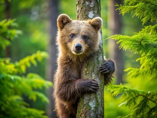 Obraz premium Playful Brown Bear Cub Climbing Tree in Lush Summer Forest