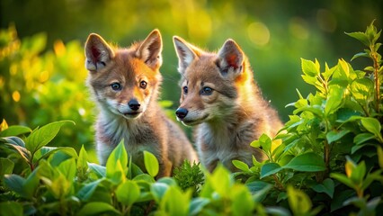Playful Coyote Pups Exploring Lush Green Bushes - Wildlife Stock Photo