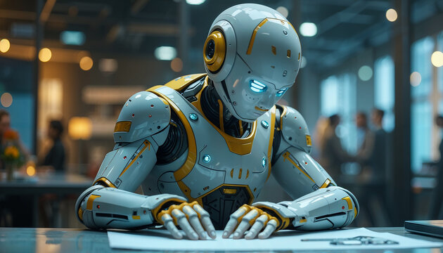 A robot working on plans in the office