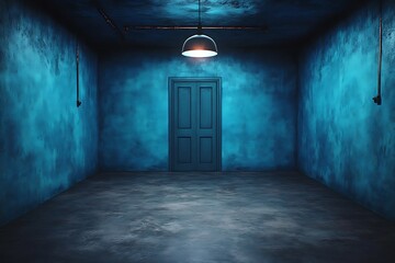 Illuminated door stands at the end of an eerie blue textured room