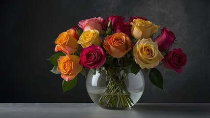 Beautiful roses, elegantly arranged in a round gray vase. The roses—in various colors, red, yellow, pink, and white—create a dynamic and visually appealing display. The background is solid black.
