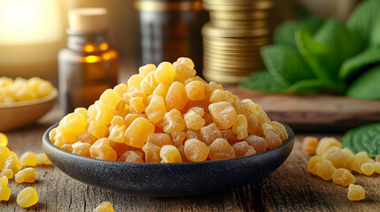 Golden Frankincense in Bowl, Herbal Setting