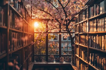 Sun-Drenched Parisian Bookstore with Open Windows and Cherry Blossoms