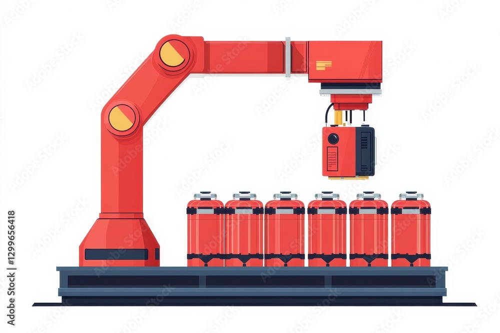 Poster robotic arm in factory manipulating red gas canisters on platform