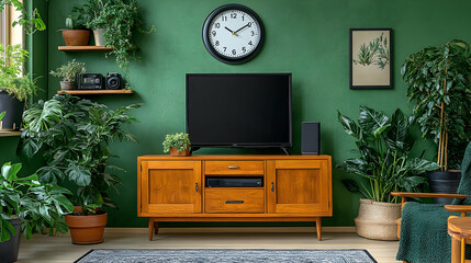Green Living Room with Plants and TV