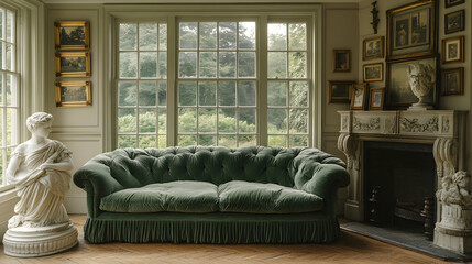 Green Velvet Sofa in Elegant English Room