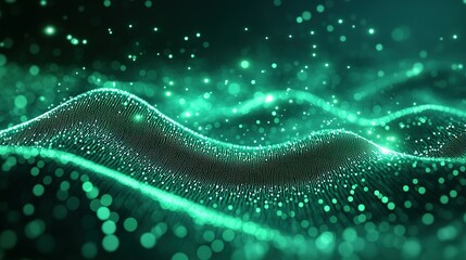 Glowing green wave structure with various particles and bokeh effects