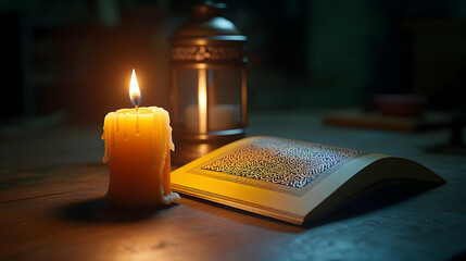 Illuminated Book and Candle on Wooden Table