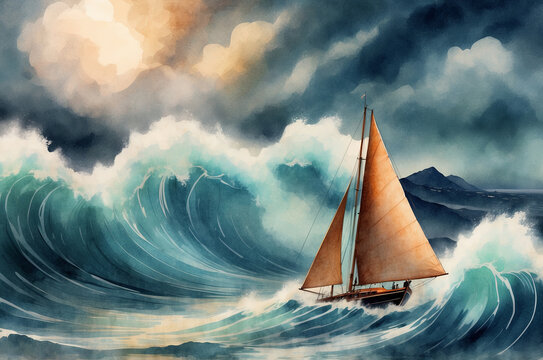 A lone sailboat navigates the rough ocean waters, depicted in a vibrant watercolor painting.