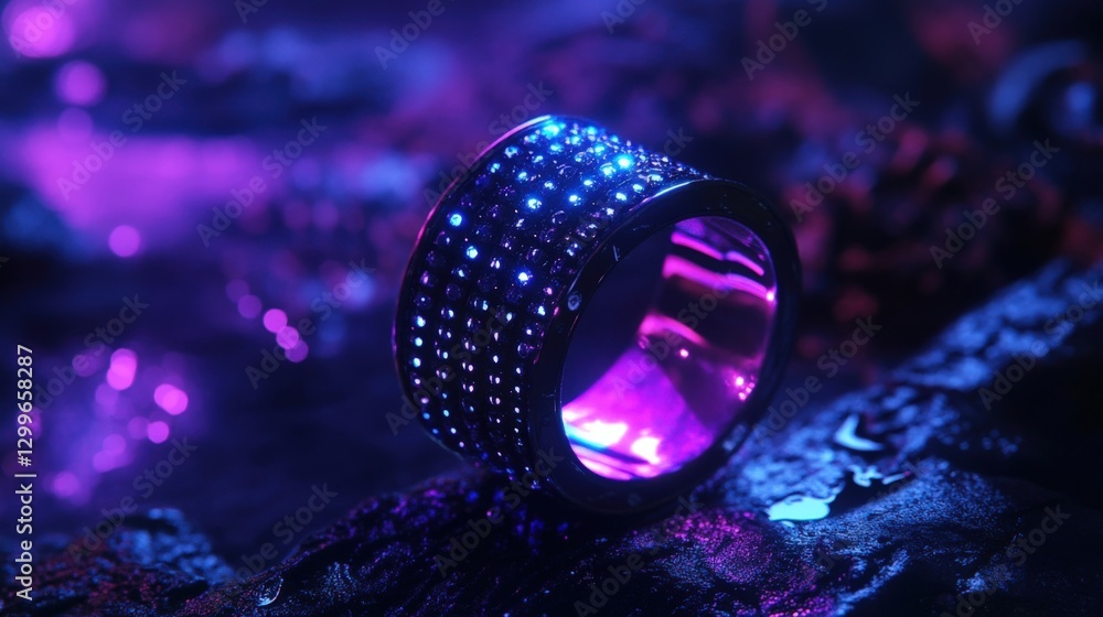 Poster a futuristic smart ring featuring an array of micro led lights and a smooth metal finish. the ring i