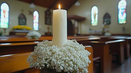 Lit white candle, church pews, floral arrangement