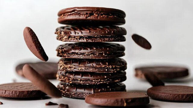Delicious chocolate cookies stacked high with one cookie in mid-air, captured in a simple and inviting setting