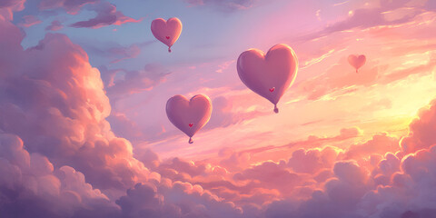 Obraz premium Heart-Shaped Balloons Rising Over a Pastel Sky for Romantic and Festive Designs
