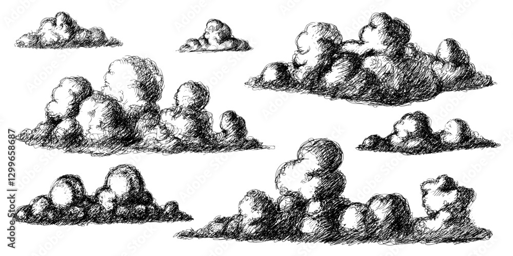 Poster hand drawn clouds in sketchy style in monochrome. engraved big and small in different shapes for pil