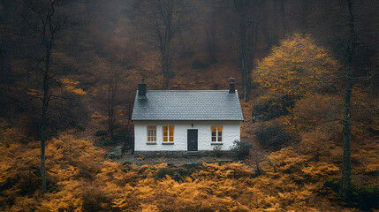 Misty Autumn Cabin in Forest