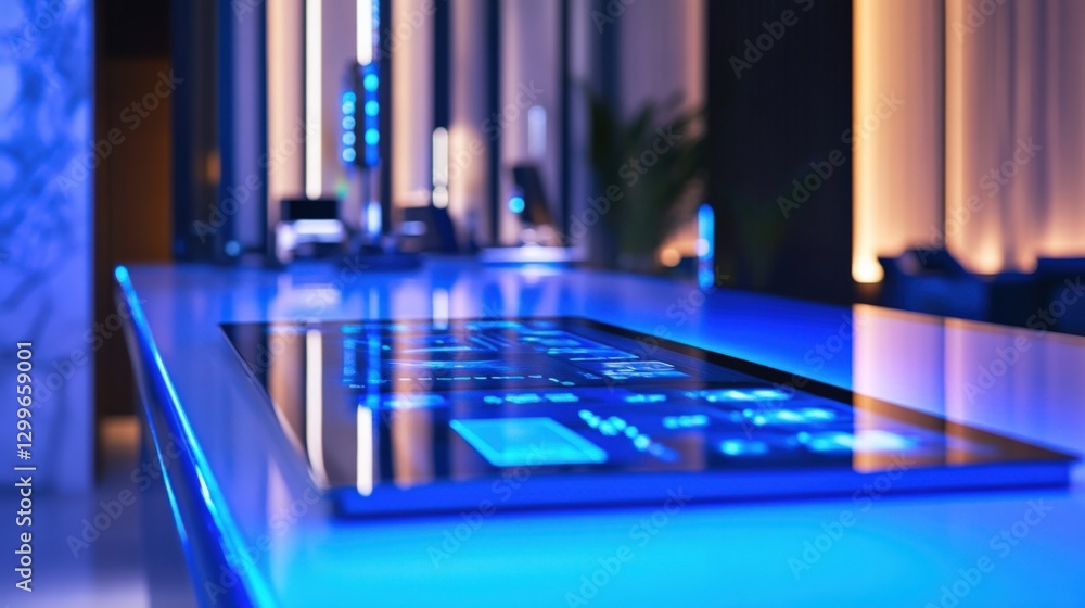Poster futuristic control panel embedded in a desk displaying various data and information, illuminating a 