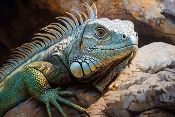 Obraz premium Illustration of an iguana revealing shiny green scales with stunning detail. Sharp eyes watching intently, long curved tail resting on a rock, leisurely enjoying every ray of sunlight